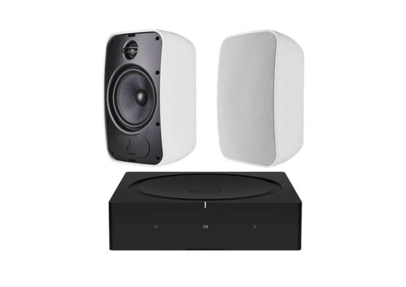 SONANCE Mariner 56 Outdoor Speakers - Pair (White) + SONOS Amp Stereo Amplifier (Black)