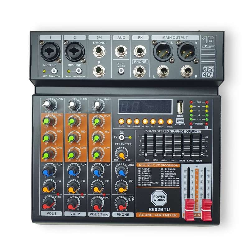 Power Works R602-BT USB 4-Channel Analogue Mixer - Each - Black
