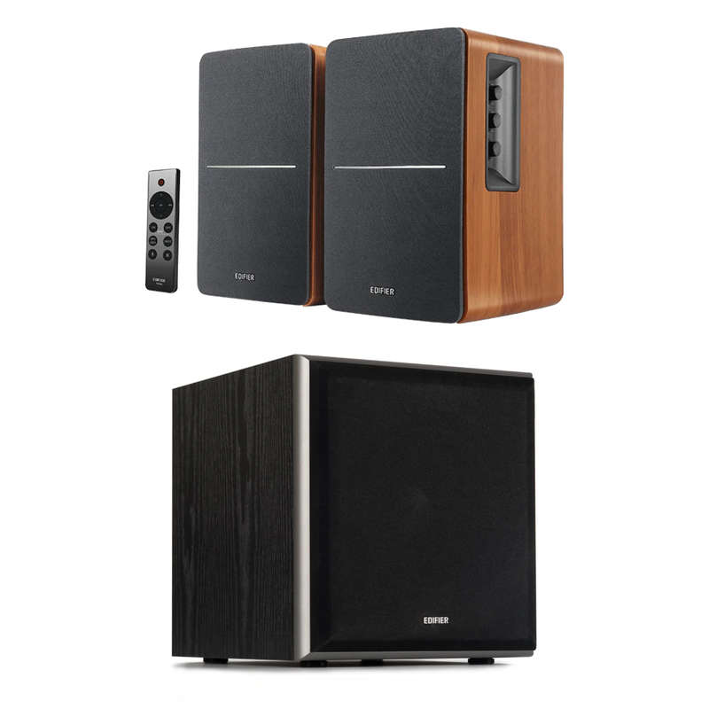 Edifier R1280D Bs Active Bluetooth Bookshelf Speakers - Pair (Brown) + Edifier T5 8" 70W Subwoofe...
