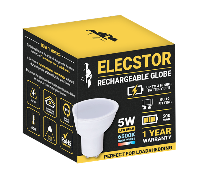 ELECSTOR GU10 5W RECHARGEABLE GLOBE - COOL WHITE - Each