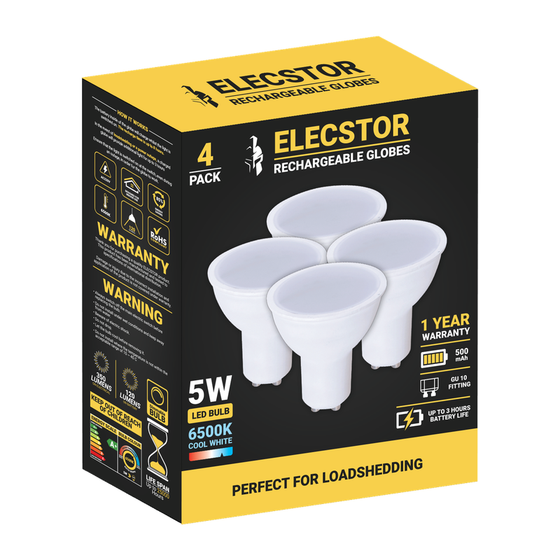 ELECSTOR GU10 5W RECHARGEABLE GLOBE - COOL WHITE - 4 Pack
