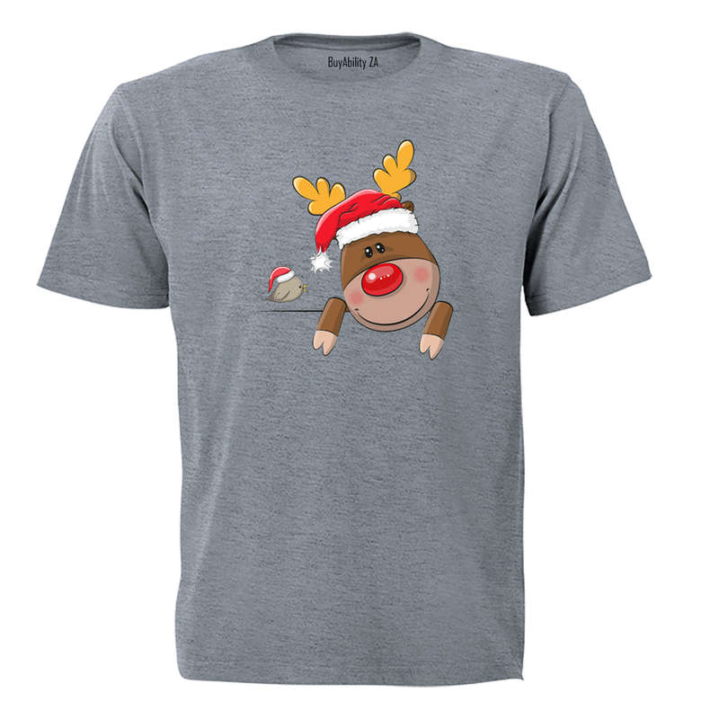 Peeking Christmas Reindeer & Bird - Kids T-Shirt