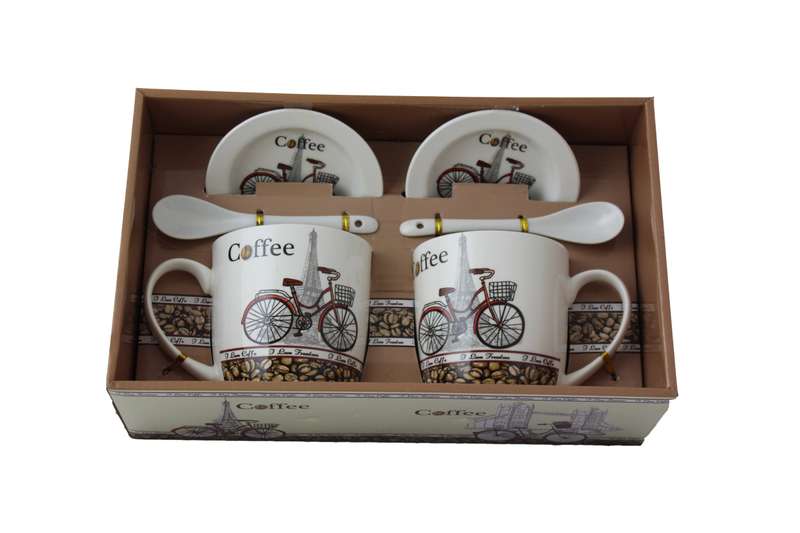 Bicycle Eiffel Tower Coffee Gift Box with 2 Printed Cups, Saucers & Spoons