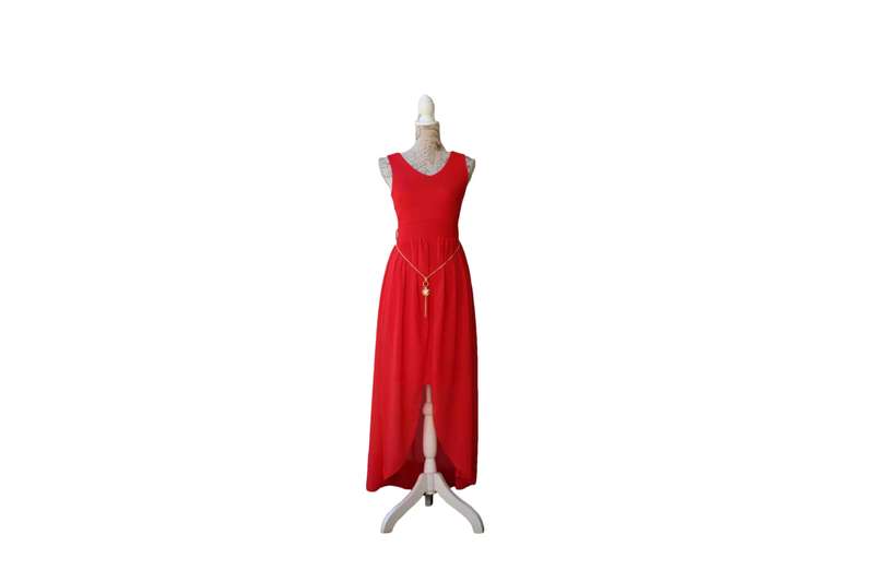 Red Cocktail Dress With Long Tail (With Gold Belt Accessory)