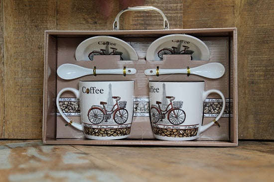 Bicycle Eiffel Tower Coffee Gift Box with 2 Printed Cups, Saucers & Spoons