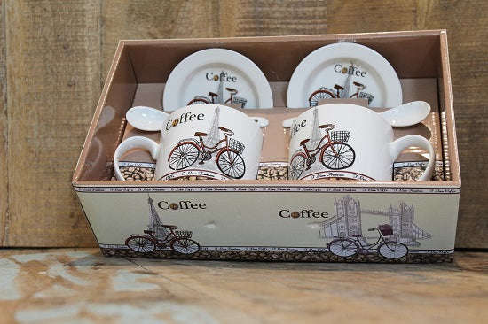 Bicycle Eiffel Tower Coffee Gift Box with 2 Printed Cups, Saucers & Spoons
