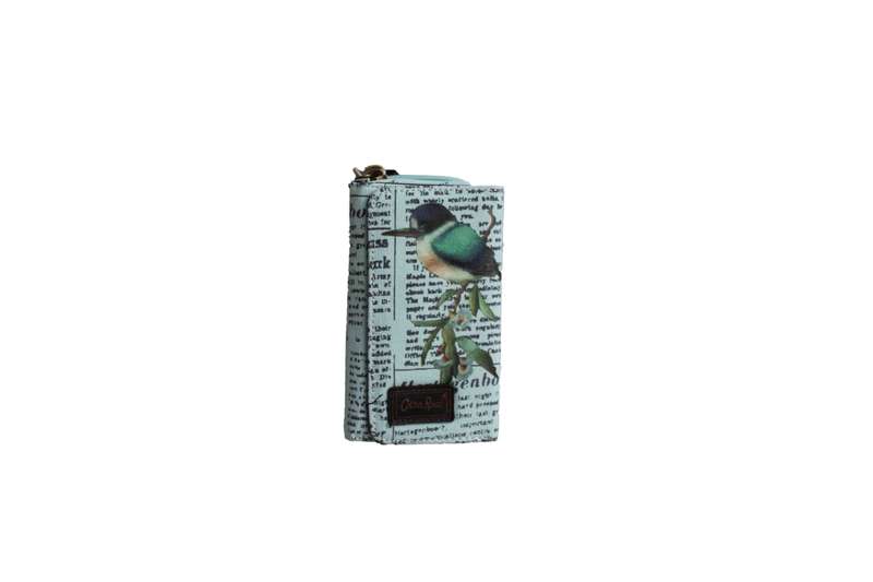 Blue Compact Purse with Newspaper Design & Bird Detail (150mm x 90mm)