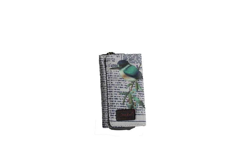 Grey Compact Purse with Newspaper Design & Bird Detail (150mm x 90mm)