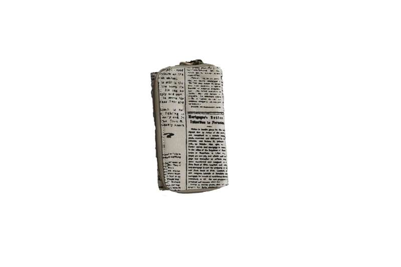 Beige Large Purse with Newspaper Design & Protea Detail