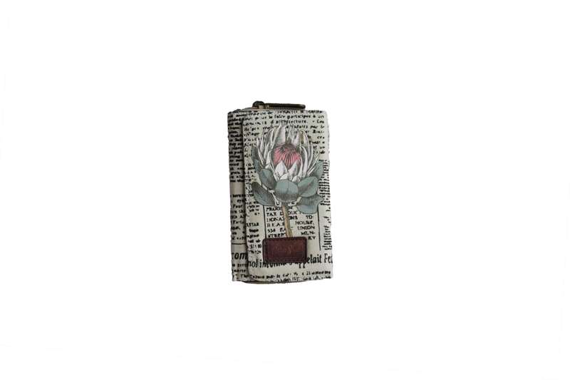 Beige Compact Purse with Newspaper Design & Protea Detail (150mm x 90mm)