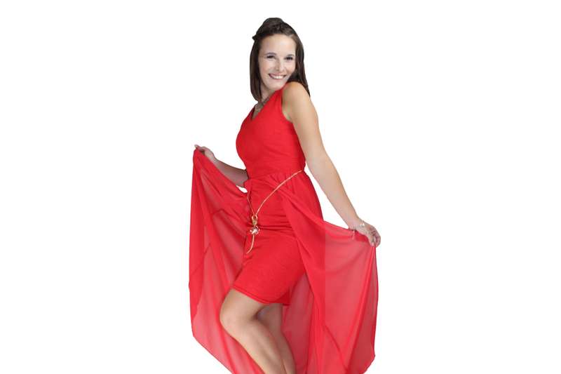 Red Cocktail Dress With Long Tail (With Gold Belt Accessory)