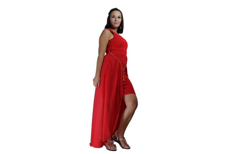 Red Cocktail Dress With Long Tail (With Gold Belt Accessory)