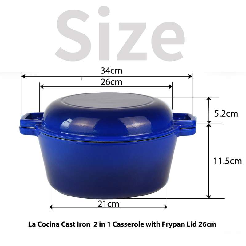 La Cocina Cast Iron 2 in 1 Casserole with Frypan Lid 26cm (one pot only)
