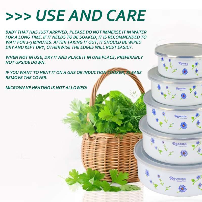 New World Enamel Storage Bowl Set (5 bowls & 5 lids, Randomly Delivered with Different Decorated ...