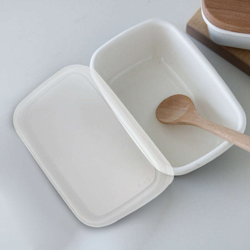 Enamel Rectangular Food Container Butter Dish with Plastic Lid (for 250g butter)