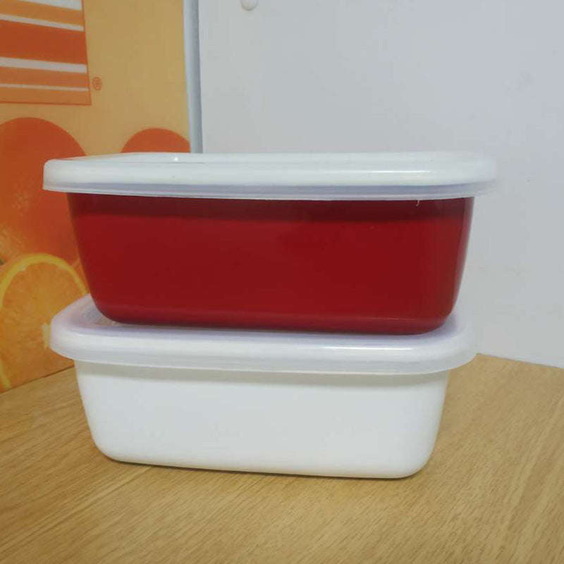 Enamel Rectangular Food Container Butter Dish with Plastic Lid (for 250g butter)