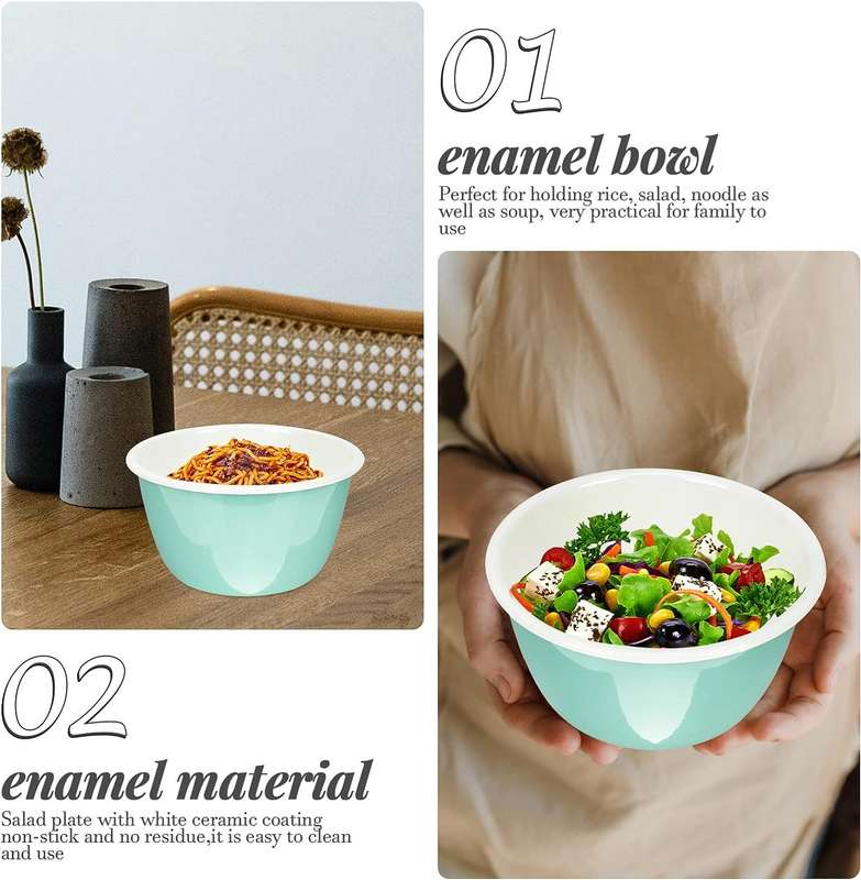 Agate Enamel Flat Bottom Serving Bowl Salad Bowl Deep Bowl 16cm