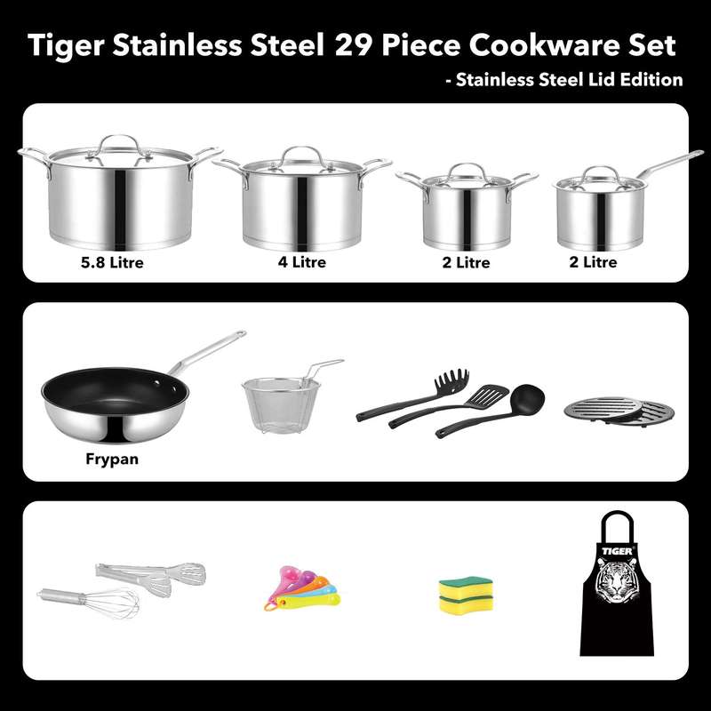 New Arrival!!! Tiger Stainless Steel 29 Piece Cookware Set - Stainless Steel Lid Edition