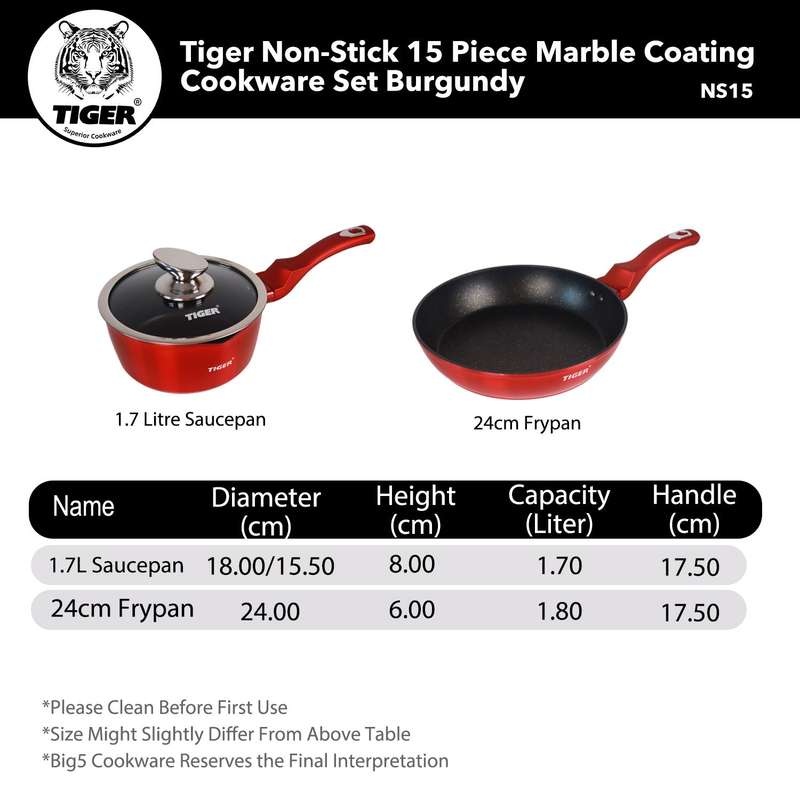 New Arrival!!! Tiger Non-Stick 15 Piece Marble Coating Cookware Set Burgundy