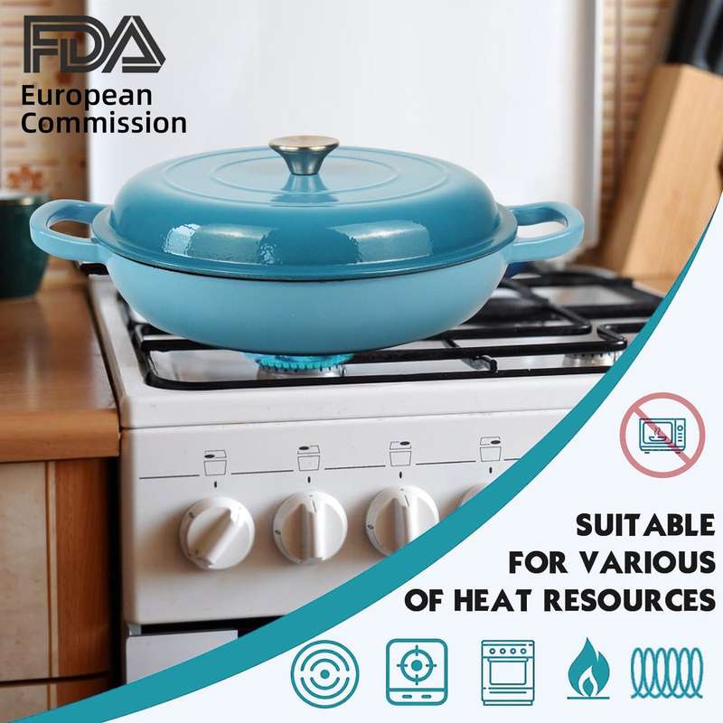 La Cocina 30cm Turquoise Cast Iron Shallow Round Casserole Paella Pot - 3.5 Liter