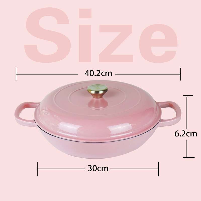 La Cocina 30cm Pink Cast Iron Shallow Round Casserole Paella Pot - 3.5 Liter