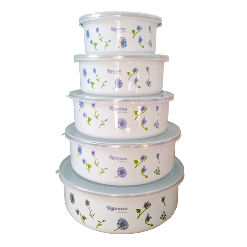 New World Enamel Storage Bowl Set (5 bowls & 5 lids, Randomly Delivered with Different Decorated ...