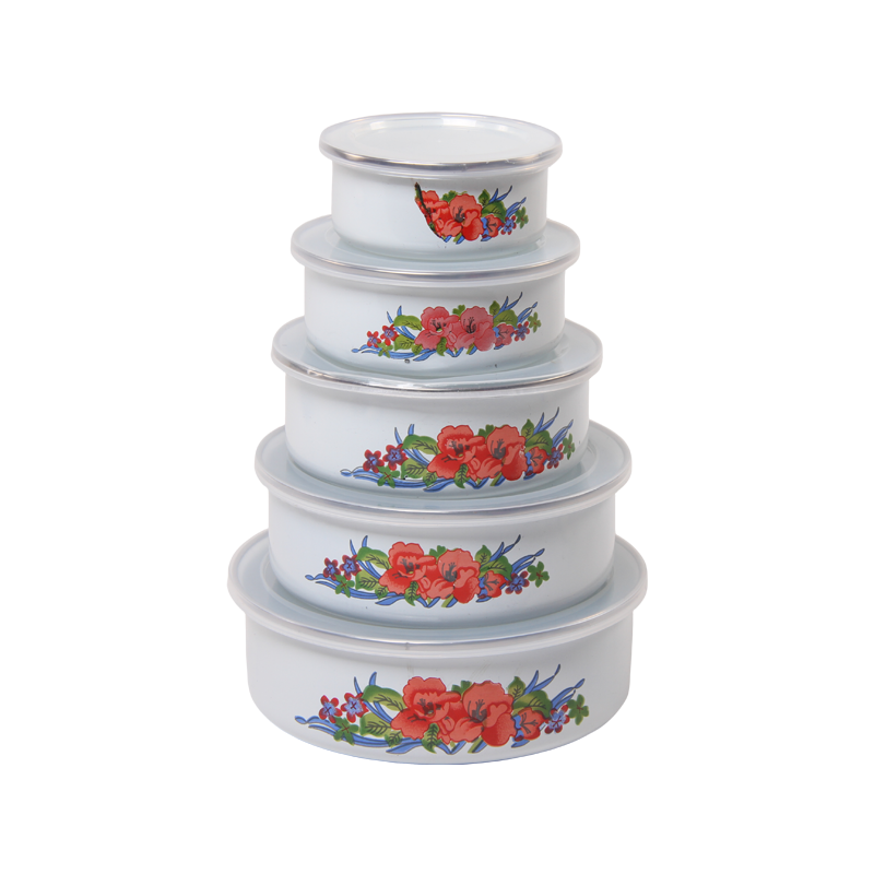 New World Enamel Storage Bowl Set (5 bowls & 5 lids, Randomly Delivered with Different Decorated ...
