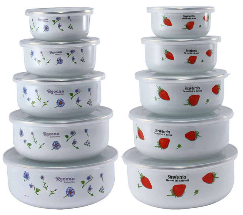New World Enamel Storage Bowl Set (5 bowls & 5 lids, Randomly Delivered with Different Decorated ...