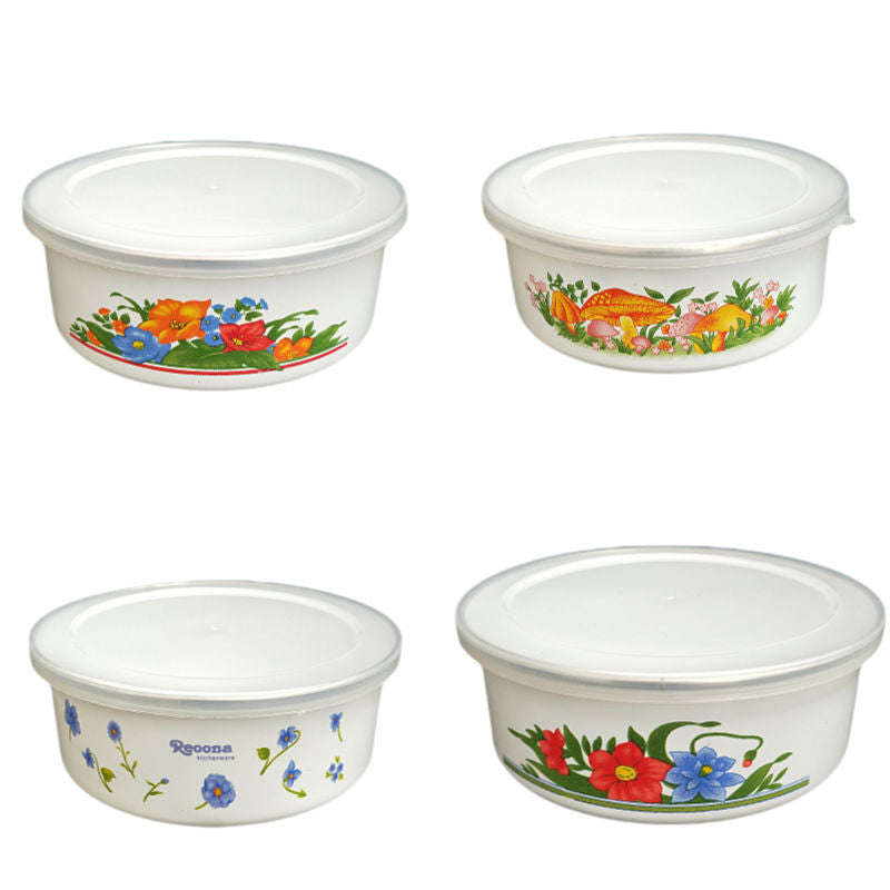 New World Enamel Storage Bowl Set (5 bowls & 5 lids, Randomly Delivered with Different Decorated ...