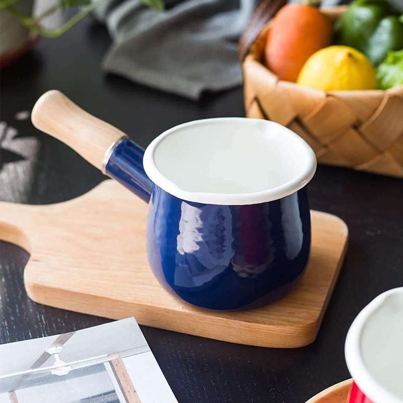 Agate Enamel Saucepan Milk Pan Mini Butter Warmer with Wooden Handle 10cm