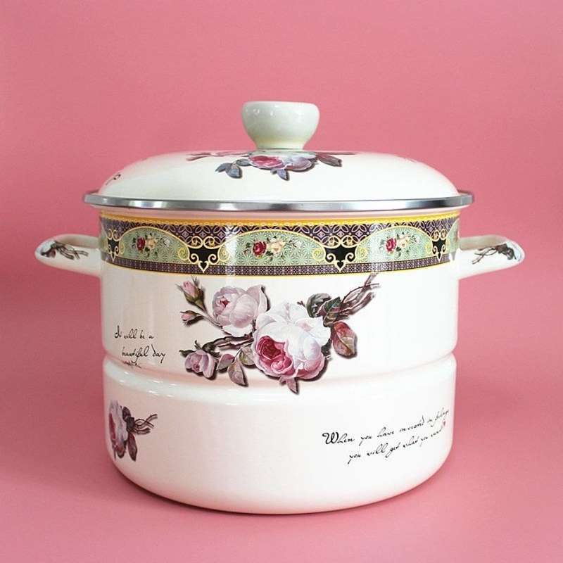 Agate Enamel Steamer Pot Flowers Steam Pot Pasta Stew Pot Stockpot Casserole