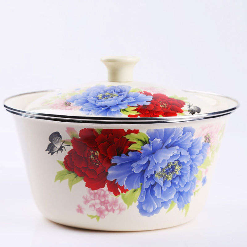 Agate Enamel Multi-Purpose Deep Mixing Bowl with Stainless Steel Rim & Lid - 26cm / Peony