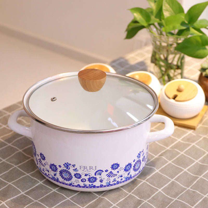 Premier Quality Enamel Blue Flower White Casserole Pot