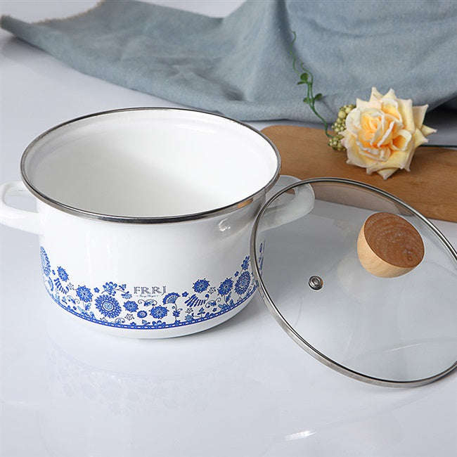 Premier Quality Enamel Blue Flower White Casserole Pot