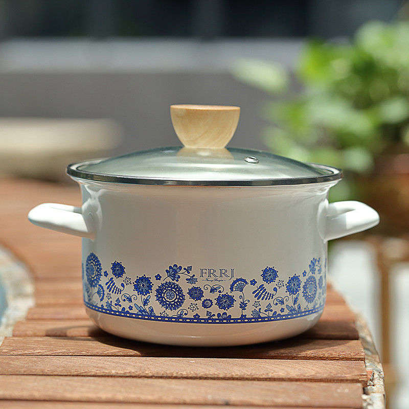 Premier Quality Enamel Blue Flower White Casserole Pot