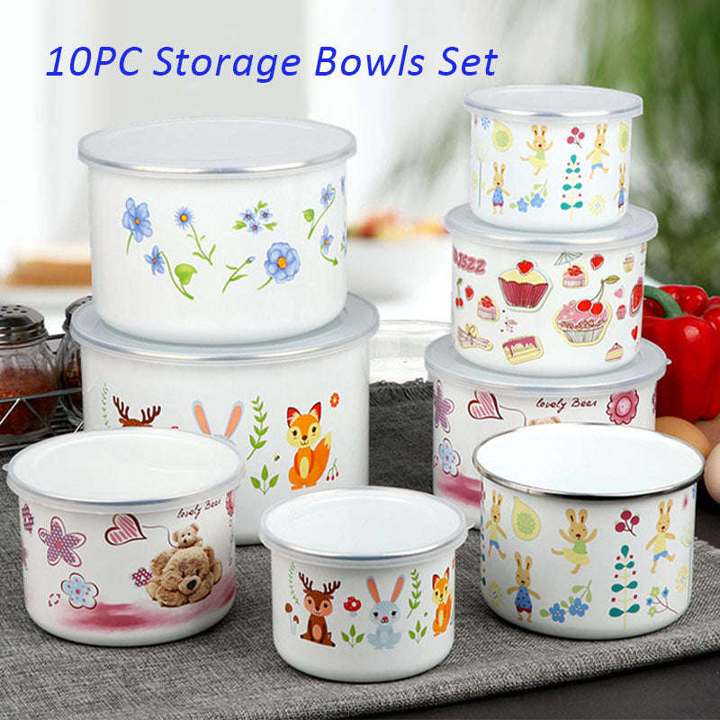 Agate Enamel Round Storage Box Set 10 Piece (5 bowls & 5 lids) - Tall Version