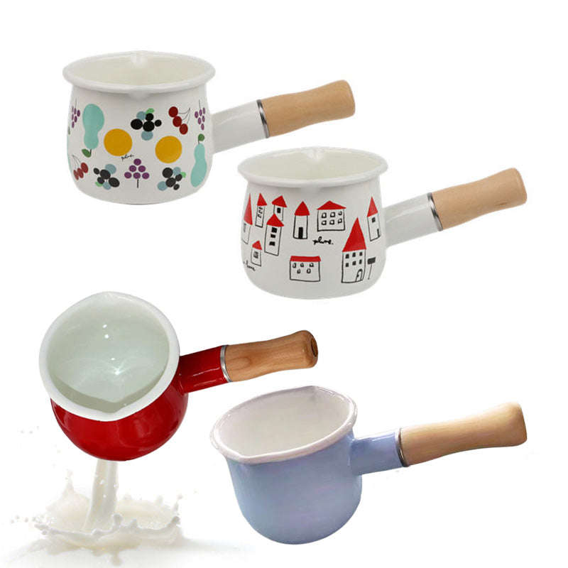 Agate Enamel Saucepan Milk Pan Mini Butter Warmer with Wooden Handle 10cm