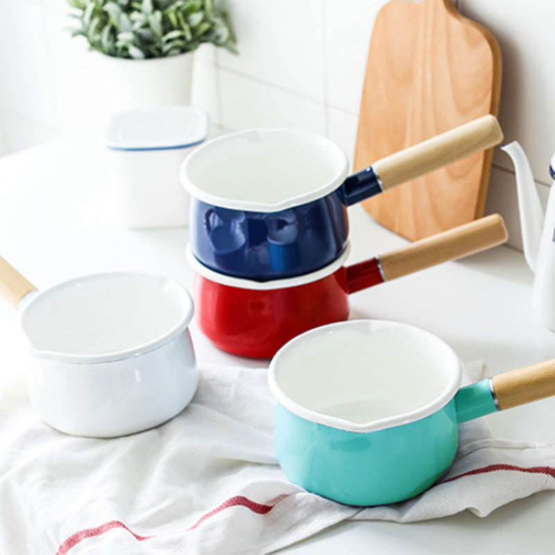 Agate Enamel Saucepan Milk Pan Rolled Rim with Wooden Handle 15cm