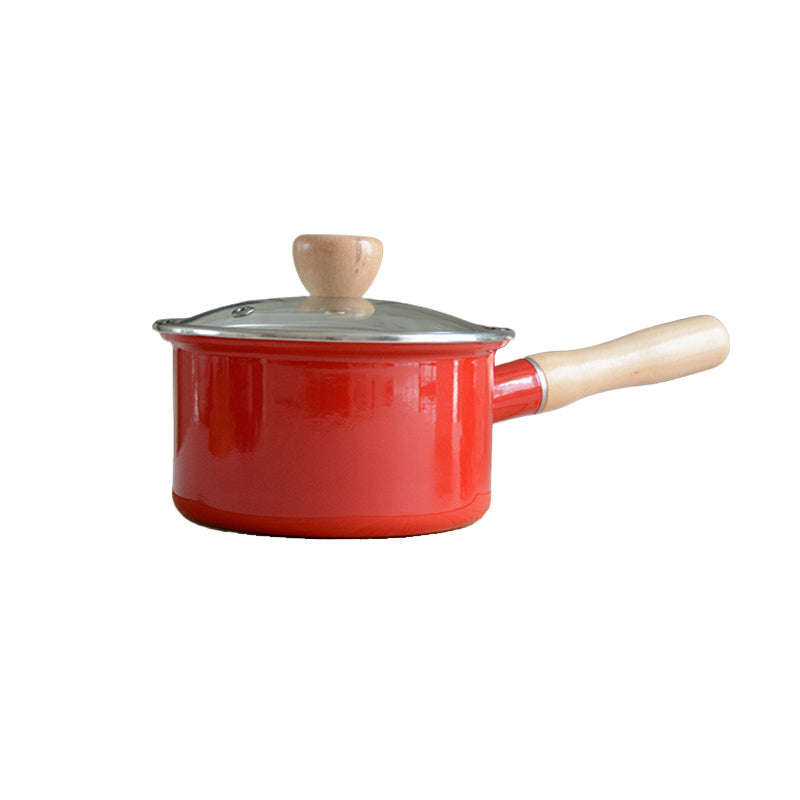 Premier Quality Enamel Saucepan Milk Pan with Glass Lid & Wooden Handle