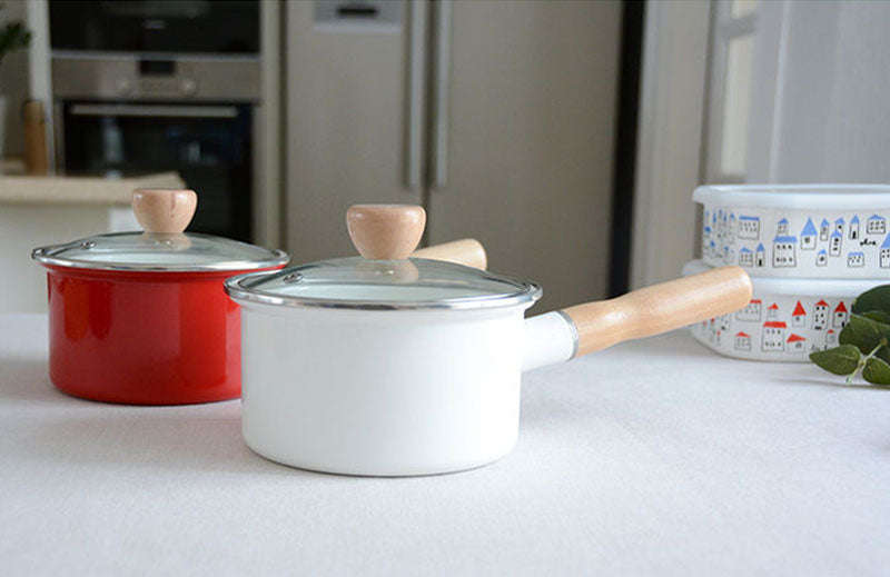 Premier Quality Enamel Saucepan Milk Pan with Glass Lid & Wooden Handle