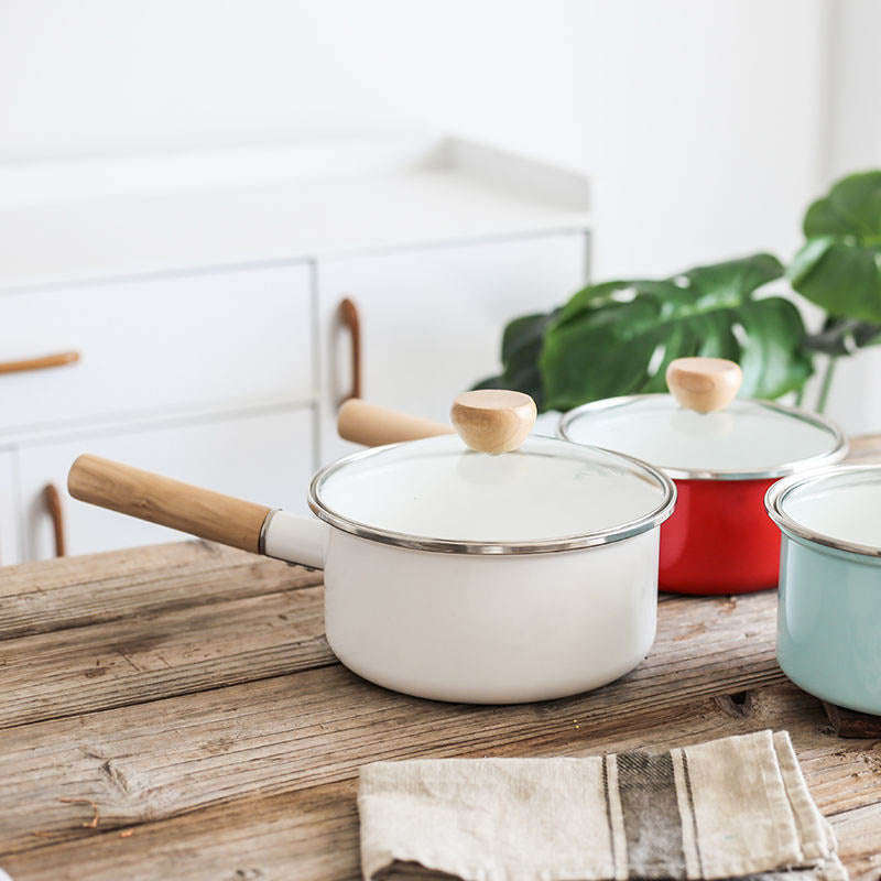 Premier Quality Enamel Saucepan Milk Pan with Glass Lid & Wooden Handle
