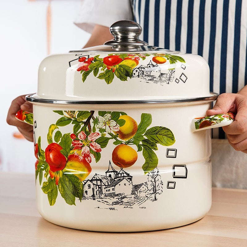 Agate Enamel Steamer Pot Flowers Steam Pot Pasta Stew Pot Stockpot Casserole