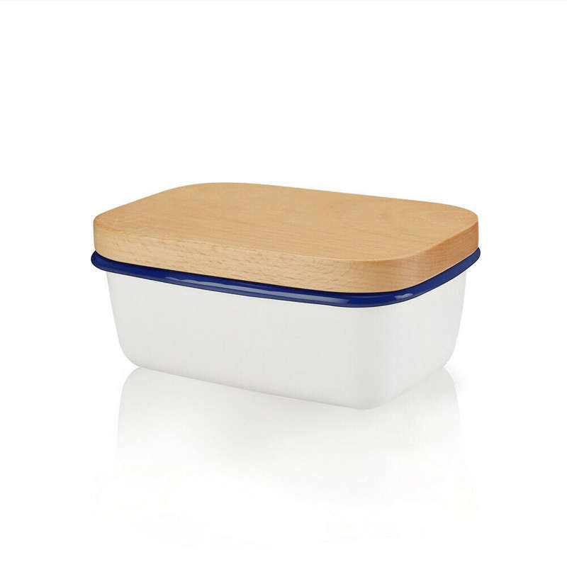 Agate Premier Quality Enamel Rectangular Butter Dish Butter Keeper with Wood L... - White / Wood Lid