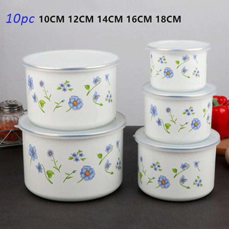 Agate Enamel Round Storage Box Set 10 Piece (5 bowls & 5 lids) - Tall Version