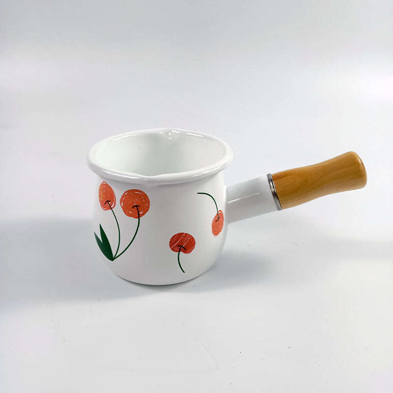 Agate Enamel Saucepan Milk Pan Mini Butter Warmer with Wooden Handle 10cm