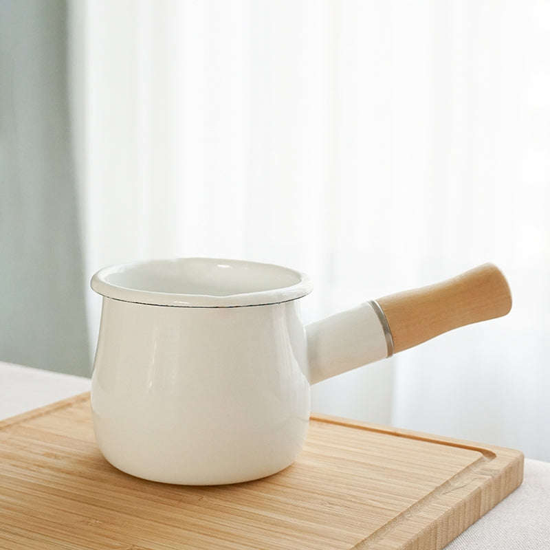 Agate Enamel Saucepan Milk Pan Mini Butter Warmer with Wooden Handle 10cm