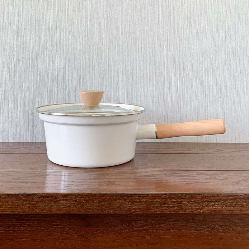 Premier Quality Enamel Saucepan Milk Pan with Glass Lid & Wooden Handle