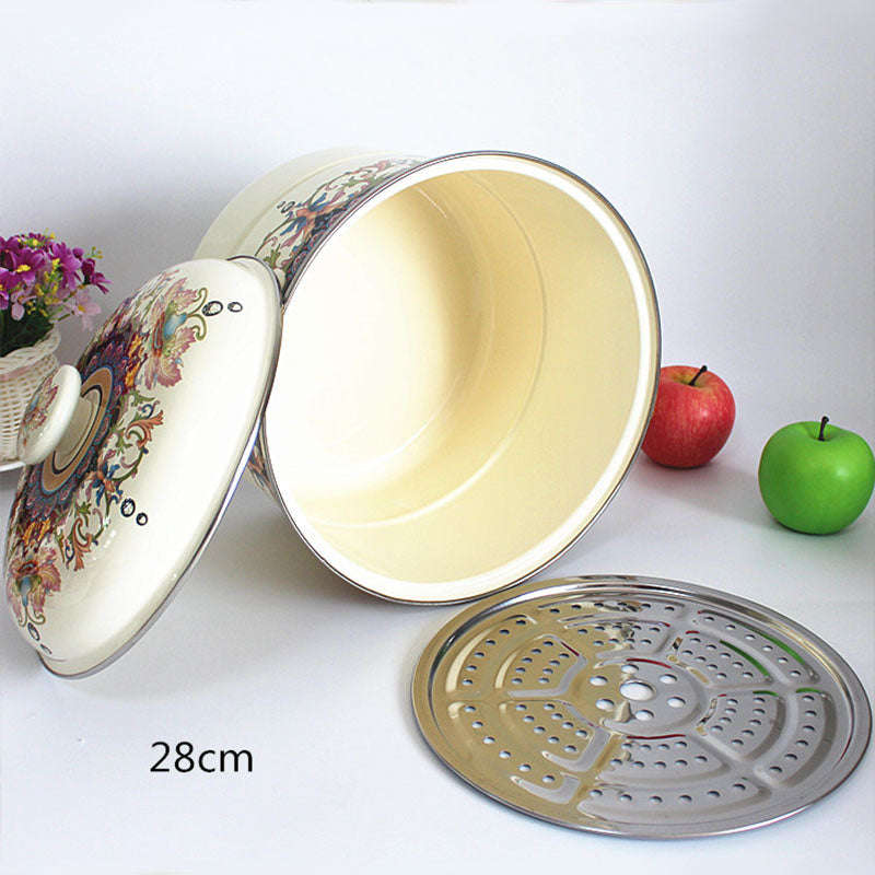 Agate Enamel Steamer Pot Flowers Steam Pot Pasta Stew Pot Stockpot Casserole
