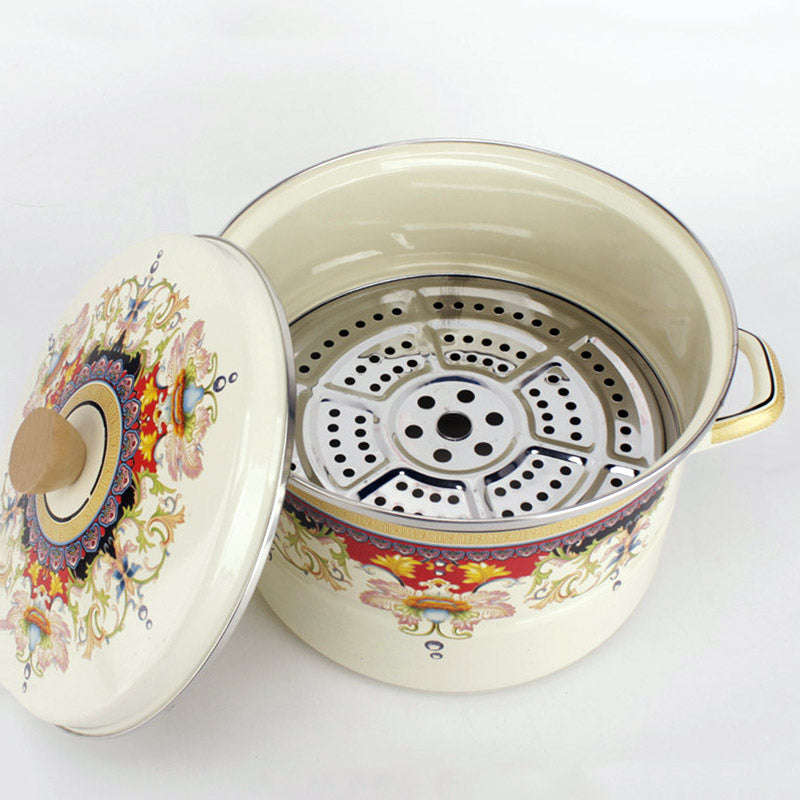 Agate Enamel Steamer Pot Flowers Steam Pot Pasta Stew Pot Stockpot Casserole