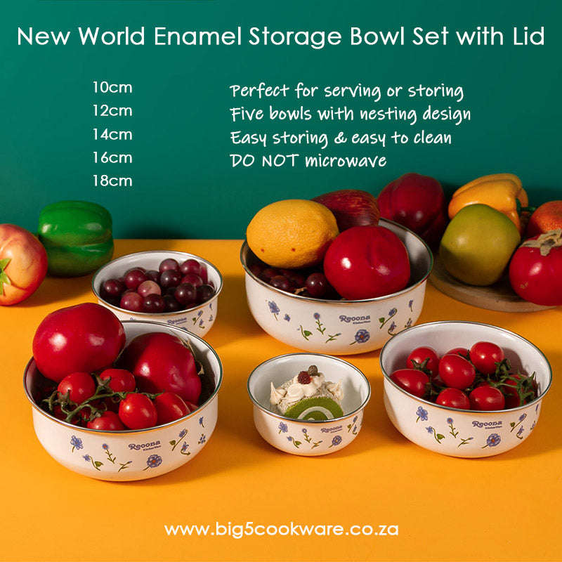 New World Enamel Storage Bowl Set (5 bowls & 5 lids, Randomly Delivered with Different Decorated ...